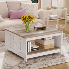 DWVO Square Coffee Table for Living Room, Farmhouse Coffee Table with Storage, 2-Tier Wood Coffee Tables Center Table with Half Open Storage Compartment, Grey Wash
