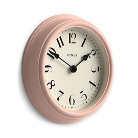Jones Clocks® 'Frieze' wall clock – small round contemporary classic round clock in pink, with pretty numbers, 23cm, ideal for the kitchen, living room, office or bedroom