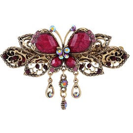 Ladies Bronzed Vintage Look Metal Barrette Hair Clip Barrette Butterfly Red