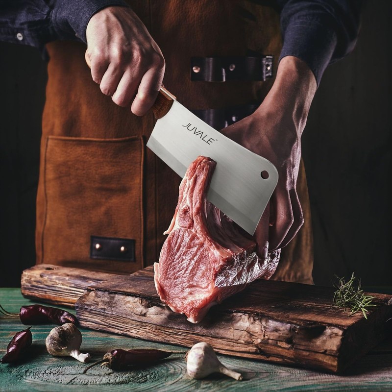 Juvale Meat Cleaver - 8-Inch Stainless Steel Blade, Wood Handle