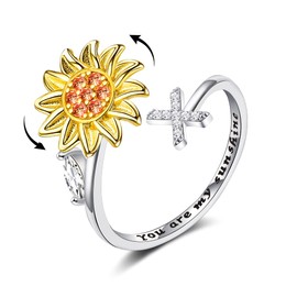Fidget Rings for Anxiety for Women Sunflower Initial Letter Spinner Open Adjustable Ring CZ Daisy Stress Relieving Rings Jewelry Gift for Women Valentine's Day You are My Sunshine Ring