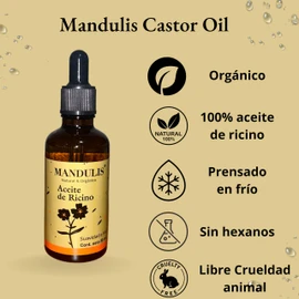Aceite de Ricino Marca Mandulis Castor Oil 100% aceite de ricino puro, natural y orgánico. Prensado en frío Sin Hexanos. Ayuda Para El Crecimiento de Pestañas, Cejas, Barba. 50ML de aceite de ricino puro con cepillo para pestañas incluido.