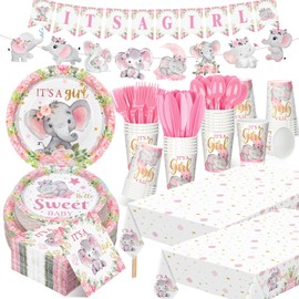 Yiyiring 405 Pcs Pink Elephant Themed Baby Shower Tableware Set It's a Girl Pink Elephant Decoration Baby Shower Plates and Napkins Supplies Include Tablecloth Banner Cup for 50 Guests Spring Theme