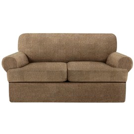 Jcones T Cushion Loveseat Slipcover 3 Pieces Sofa Covers for T Cushion Sofa Stretch Slip Covers for 2 Cushion Couch with 2 Individual T Shape Seat Covers (Brown, 2 Cushion)