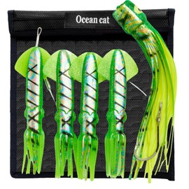 OCEAN CAT Teaser Chain Trolling Lure Saltwater Fishing Lure Bag with Circle Hook and Fishing Line Fully Rigged Teasers for Wahoo Tuna Marlin Mahi Mahi (#037-Green, 9in+6in+7/0)
