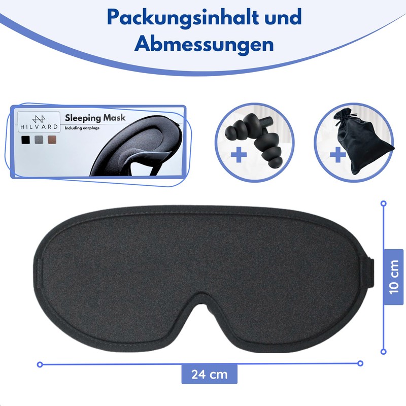 Hilvard Schlafmaske, Augenmask, inklusive Schlaf-Ohrstöpsel, 100% Verdunkelung, Verstellbar, Ergonomisch, Schwarz
