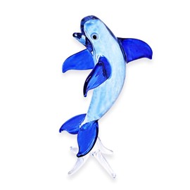 WitnyStore Tiny 2¾" High Blue Dolphin Figurine On Stand - Miniature Hand Blown Painted Glass Animal Colorful Fish and Marine Mammal Sea Life Crystal Decorative Collectible Figurines Home Décor Gifts