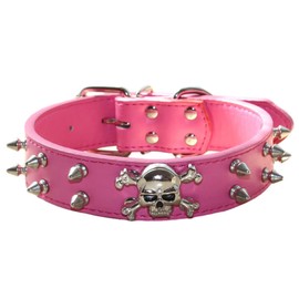 Bbmmayy Spiked Leather Dog Collar, 2 Rows Bullet Rivets Studded PU Leather, Cool Skull Pet Collar for Medium and Large Dogs (L, Hot Pink)