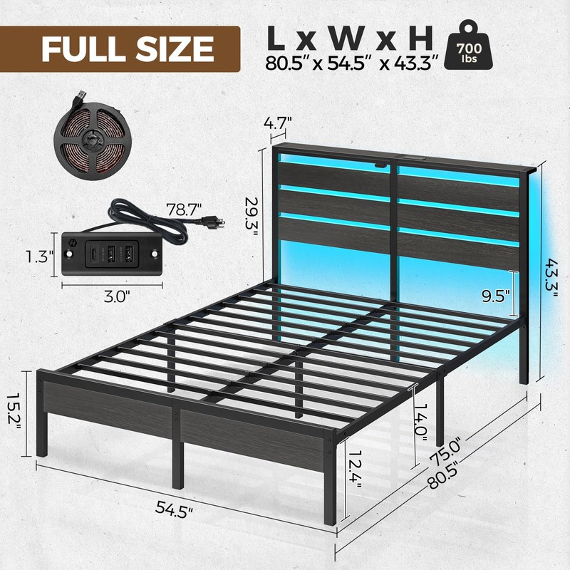 Rolanstar Bed Frame Full Size with USB Charging Station, LED