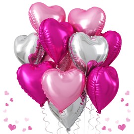 Hot Pink Silver Heart Balloons, 18 Inch Light Pink Silver Foil Heart Balloons 12 Pcs Pearl Pink Silver Heart Shape Mylar Balloons for Girls Women Birthday Wedding Bridal Valentines Baby Shower