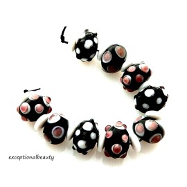 exceptionalbeauty 9 Assorted Black Purple White Lampwork Round Bumpy Rondelle Art Glass Beads