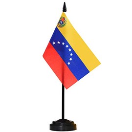 ANLEY Venezuela Deluxe Desk Flag Set - 6 x 4 Inch Miniature Venezuelan Desktop Flag with 12" Solid Pole - Vivid Color and Fade Proof- Black Base and Spear Top