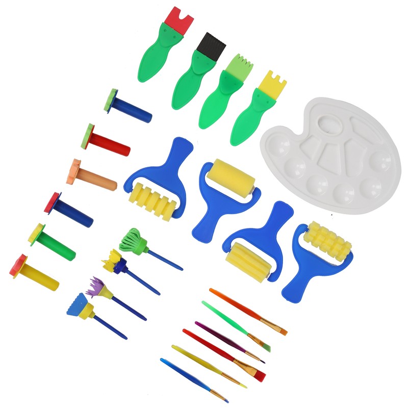 25Pcs Sponge Paint Brush Set Stamp Palette Kit Kids Graffiti