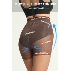 MERYLURE Tummy Control Pantyhose for Women, Control Top Black Tights 20D Sheer Shaping Nylon Support Stockings 2 Pairs