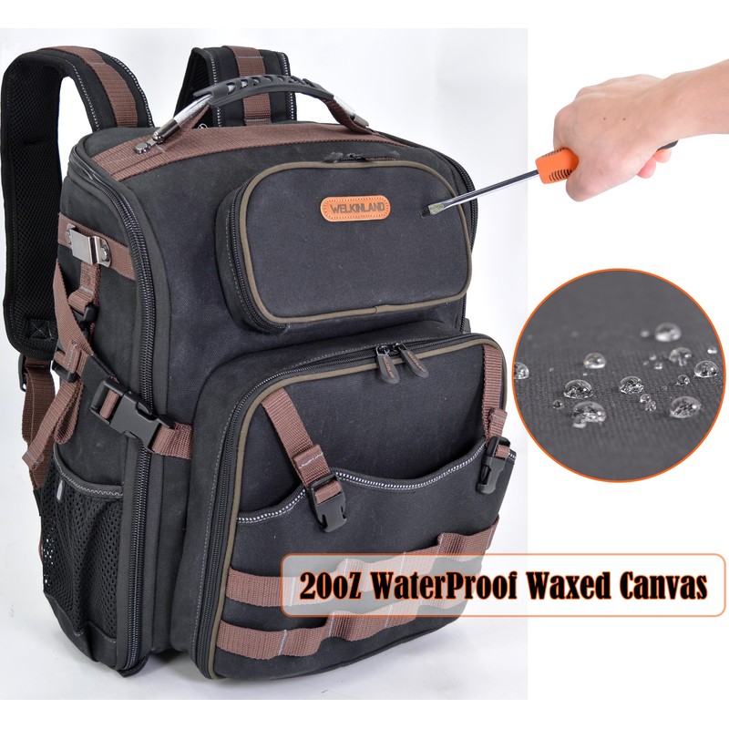 WELKINLAND Waxed-Canvas Tool Backpack - Heavy-Duty Electrician Backpack with HVAC