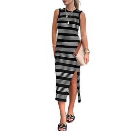 BTFBM Womens Sleeveless Summer Dresses 2025 Crew Neck Casual Sundress Hollow Out Side Slit Bodycon Knit Long Tank Dress(Black, Medium)