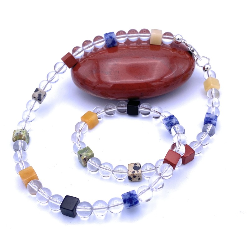Rock Crystal Jewellery Necklace with Colourful Gemstone Cube Clasp 925
