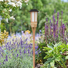 EONANT Blinkende Flamme Solar Licht Solar Outdoor wasserdichte Garten Taschenlampe, schwingende Flamme Outdoor Insel Fackel, handgemachte Bambus Furnier (4 Stück)