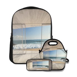 School Backpack Set,Empty Modern Lounge Area with Large Window and View of Sea Waves Rocks Art,with Lunch Bag and Pencil Case for Girls Boys Teenager Cute Schoolbag Waterproof Bookbag