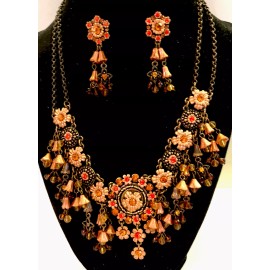 Unbranded Golden crystals, enamel Israeli Designer inspired Necklace Dangle Earring Set