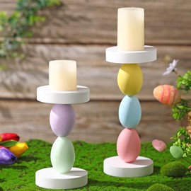 Hushee 2 Pcs Easter Candle Holder Easter Decorations Candlestick Holder Spring Home Decoration 9.5 Inch and 7.5 Inch Tall Candlestick Holders Easter Eggs Candlesticks for Fireplace Easter Party