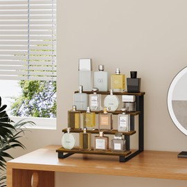 YINMIT Wooden Display Riser Stand,15.75 Inch Tiered Perfume and Cologne Organizer Stand, 4 Tier Spice Rack Organizer, Rustic Display Shelf for Cupcake, Figures, Candles (Brown,4 Tier Large)