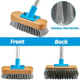 YONILL Stainless Steel Deck Scrub Brush with Long Handle - 60" Heavy Duty Floor Scrubber Brush with Pole, Moss Remover Wire Cleaning Brushes for Rough Surface, Concrete Floor, Patio, Garden, Garage