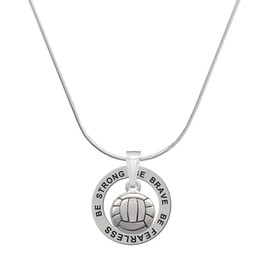 Delight Jewelry Silvertone Volleyball or Water Polo Ball - Silvertone Be Strong Be Brave Be Fearless Message Ring Necklace, 18"