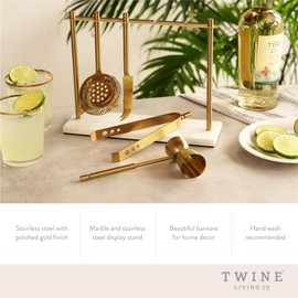 Twine Bar Tool Set Includes Hawthorne Strainer, Citrus Knife, Ice Tongs, Double Jigger with Marble Display Stand for Classic Cocktails and Cold Brew Drinks, Home Bar Cart Accessories, 4-Piece, Gold