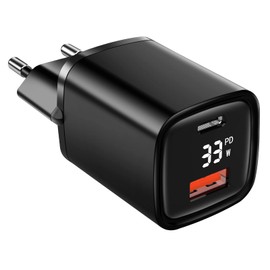Eaxus® USB A + USB C Charger with Display - 2 Port 33W USB Power Supply with Power Delivery / QC4.0 & Quick Charging Function, Black