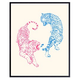 Tiger Wall Decor for Women - Trendy Funky Wall Art - Girls Bedroom Light Blue and Pink Minimalist Art - Mid-century modern - Modern art Room Decor - Japanese Style Contemporary art - Pop art Line art