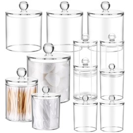 Meanplan 12 Pack Acrylic Holder Dispenser Plastic Apothecary Jars with Lids for Cotton Ball, 10/22/39 oz Clear Plastic Storage Jars Floss Holder Container for Cotton Swab Bathroom, 3 Sizes