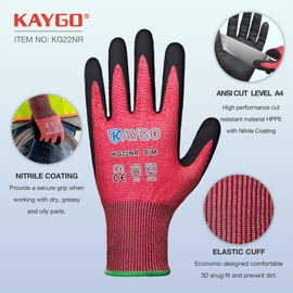 KAYGO Cut Resistant Gloves Micro Finishing Nitrile Coated,ANSI Cut Level A4,KG22NB,5D-Comfort Stretchy Fit Safety Work Gloves, Firm Grip,Machine Washabl,12 Pairs,Red,L