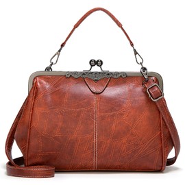 LUI SUI Women Retro Handbag, PU Leather Purse Vintage Top Handle Bag Kiss Lock Crossbody Shoulder Bag for Women (Apricot)