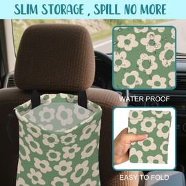 KXWQTRDD Car Garbage Bag Vintage Green Groovy Flowers Drawstring Car Trash Bag Hanging for Back Seat with Adjustable Buckle Canvas Vehicle Trash Can Easy-to-Install