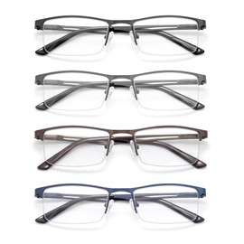 HIGHLIKE 4-Pack Blue Light Reading Glasses for Men, Metal Half Frame Readers Spring Hinge Clear Lens Eyeglasses with Pouches, Semi Rimless Black Gunmetal Brown Blue 2.0 x