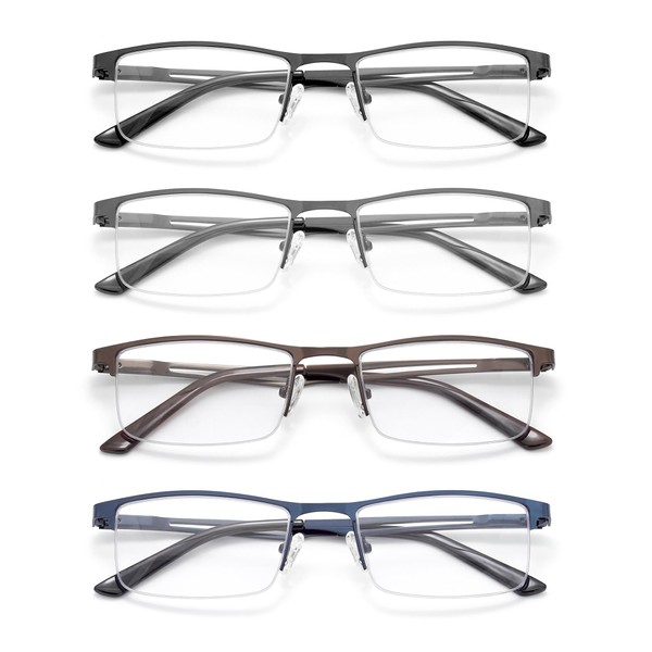 HIGHLIKE 4-Pack Blue Light Reading Glasses for Men, Metal Half
