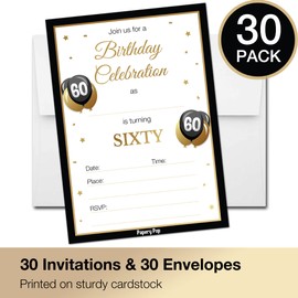 Papery Pop 60th Birthday Invitations for Men or Women with Envelopes (30 Count) - 60 Sixty Year Old Anniversary Party Celebration Invites Cards