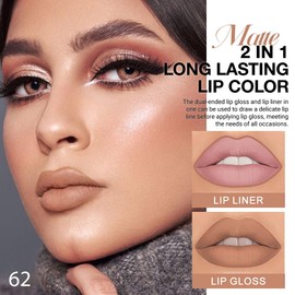 1Pcs 2 in 1 True Nude Matte Lip Liner and Liquid Lipstick Stain Makeup Set for women, True Nude Long Lasting Smudge Proof Lip Tint Matte Finish Lip Gloss for All-Day Color Hold Easy to Use 62#