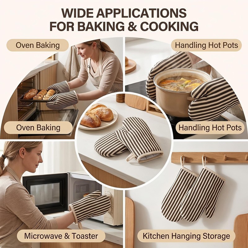 1 Pair Coffee Cotton Heat Resistant Striped Mini Oven Mitts