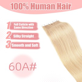 Vlasy Tape in Hair Extensions Human Hair 16 Inch 16pcs Invisible Tape in Extensions Remy Human Hair Straight Seamless Mini Tape ins Hair Extensions Real Human Hair (60A# Light Blonde)