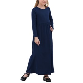 GORLYA Girl's Long Sleeve Floral Print Loose Casual Holiday Long Maxi Dress with Pockets 4-12 Years (12-13Years/Height:160cm, Navy Color)