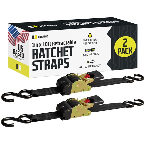 DC Cargo - Auto Retracting Ratchet Straps (2 Pack 1 inch x 10') - Heavy Duty Tie Down Retractable Ratchet Straps - Easy Self Contained Black Ratchet Strap Tie Downs for Trailers, Vehicles