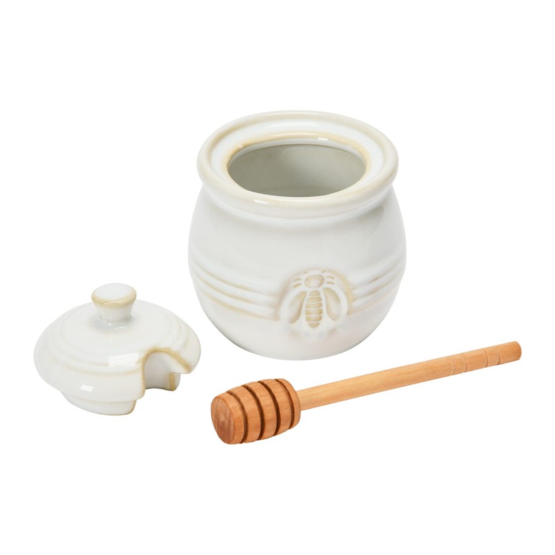 Creative Co-Op Farmhouse Embossed Stoneware Honey Pot with Wood Honey