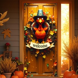 PHOGARY Thanksgiving Door Cover for Thanksgiving Decorations, Large Fabric Turkey Door Cover Fall Banner Maple Leaf Backdrop for Front Porch Fall Autumn Decorations Indoor Outdoor, 5.9 x 2.9 Ft