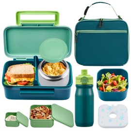 PIQUEBAR Kids Lunch Bento Box with Thermo Ice Pack Food Container with Insulated Lunch Bag, Insulated Water Bottle with Straw for Girls Boys, (A-Green)