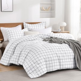 Andency Plaid Comforter Full(79x90 Inch), White Grid Gingham Bed Set for Teen Boys Kids, Lightweight Reversible Preppy Bedding，3 Pieces(1 Comforter and 2 Pillowcases)