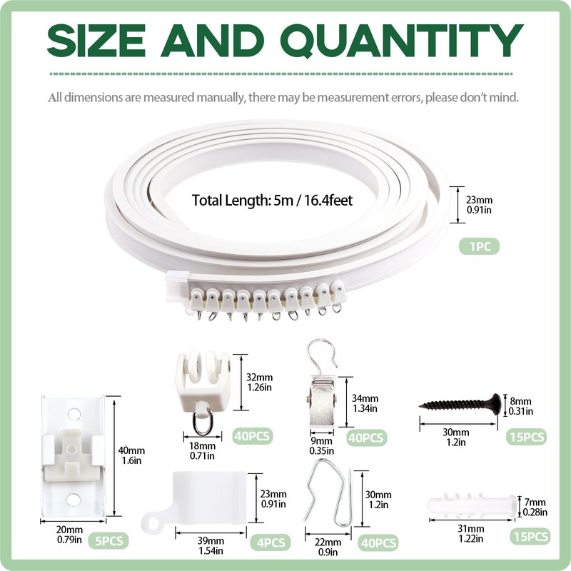Keadic 160Pcs 5M/16.4FT Bendable Curved Ceiling Mount Curtain Track with