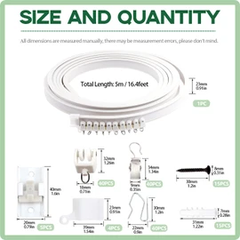Keadic 160Pcs 5M/16.4FT Bendable Curved Ceiling Mount Curtain Track with Track Rollers, Snap-on Ceiling Brackets, End Caps, Drapery Hooks, Curtain Clips for Room Divider, Shower Curtains（White）