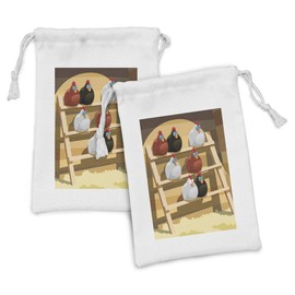 Lunarable Chicken Fabric Pouch Set of 2, Group of Hen Sleeping on Perch in Farm Colorful Doodle Stylenimal Design, Small Drawstring Bag for Toiletries Masks and Favors, 9" x 6", Multicolor